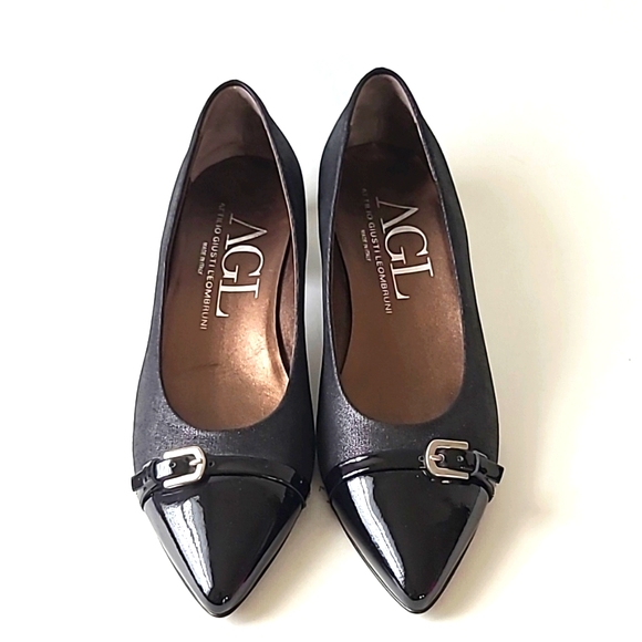 AGL Block Heel Pumps, Black Canvas & Patent Leather Shoes, Size 8 - Picture 3 of 13